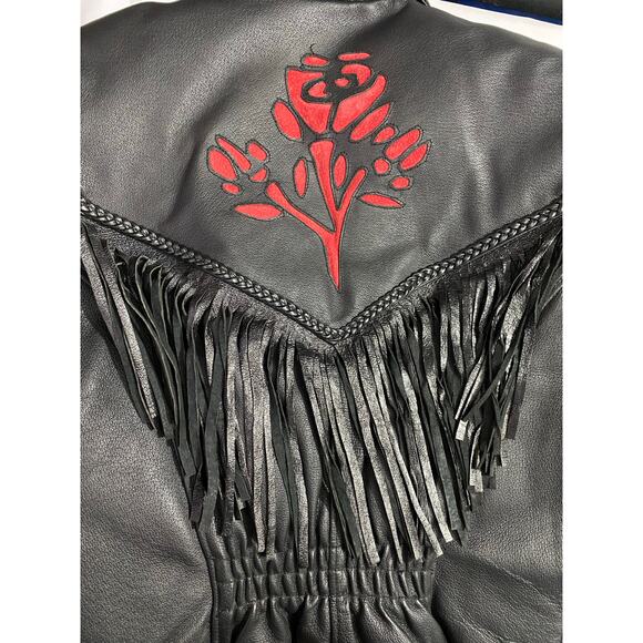 NWOT Women’s Black Fringe Leather Motorcycle Jacket Size Large Rose Inserts - Picture 12 of 15